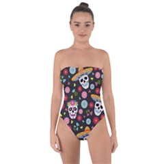Day Dead Skull With Floral Ornament Flower Seamless Pattern Tie Back One Piece Swimsuit by Pakemis