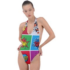 Pop Art Comic Vector Speech Cartoon Bubbles Popart Style With Humor Text Boom Bang Bubbling Expressi Backless Halter One Piece Swimsuit by Pakemis