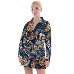 Vintage Art Tattoos Colorful Seamless Pattern Women s Long Sleeve Casual Dress