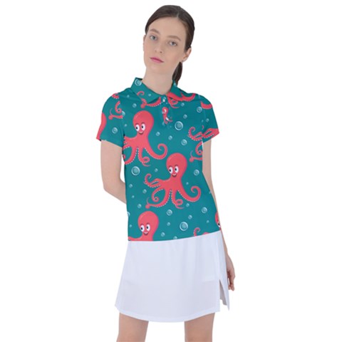 Cute Smiling Red Octopus Swimming Underwater Women s Polo Tee by Pakemis