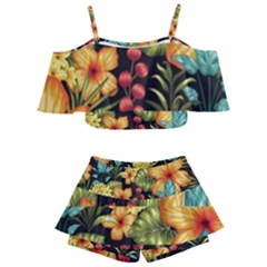 Fabulous Colorful Floral Seamless Kids  Off Shoulder Skirt Bikini by Pakemis