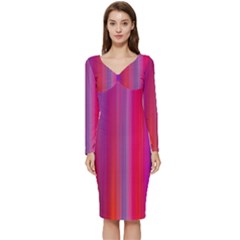 Multicolored Abstract Linear Print Long Sleeve V-neck Bodycon Dress  by dflcprintsclothing