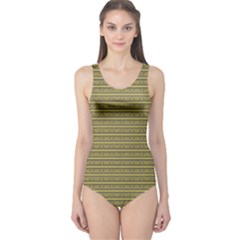 Golden Striped Decorative Pattern One Piece Swimsuit by dflcprintsclothing