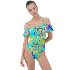 Fluid Organic Pattern Teal Blue Frill Detail One Piece Swimsuit
