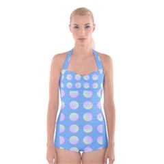 Abstract Stylish Design Pattern Blue Boyleg Halter Swimsuit  by brightlightarts