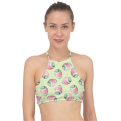 Colorful Easter Eggs Pattern Green Racer Front Bikini Top by TetiBright