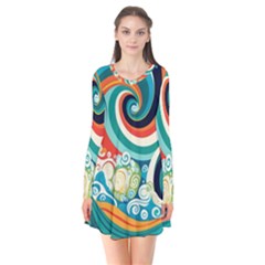Wave Waves Ocean Sea Abstract Whimsical Long Sleeve V-neck Flare Dress by Jancukart