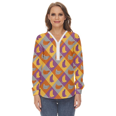 Chickens Pixel Pattern - Version 1b Zip Up Long Sleeve Blouse by wagnerps