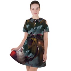 A Santa Claus Standing In Front Of A Dragon Short Sleeve Shoulder Cut Out Dress  by bobilostore