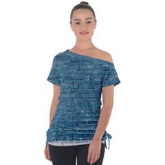 White And Blue Brick Wall Off Shoulder Tie-up Tee