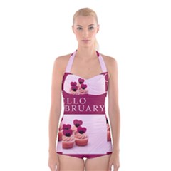 Hello February Text And Cupcakes Boyleg Halter Swimsuit  by artworkshop