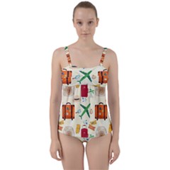 Suitcase Tickets Plane Camera Twist Front Tankini Set by Ravend