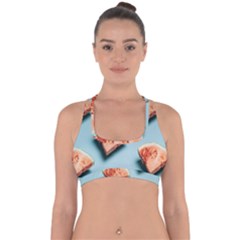 Watermelon Against Blue Surface Pattern Cross Back Hipster Bikini Top  by artworkshop