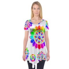 Rainbow Flowers T- Shirt Rainbow Psychedelic Floral Power Pattern T- Shirt Short Sleeve Tunic 