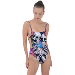 Floral Skeletons Tie Strap One Piece Swimsuit by GardenOfOphir