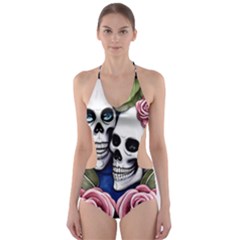 Skulls And Flowers Cut-out One Piece Swimsuit by GardenOfOphir