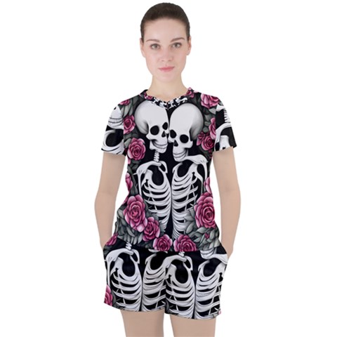 Black And White Rose Sugar Skull Women s Tee And Shorts Set by GardenOfOphir