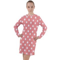 Coral And White Polka Dots Long Sleeve Hoodie Dress by GardenOfOphir