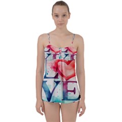 Valentines Day Heart Watercolor Background Babydoll Tankini Set by artworkshop