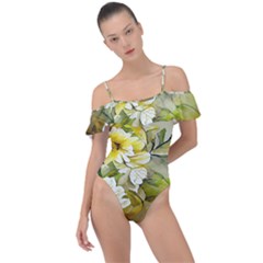 Watercolor Yellow And-white Flower Background Frill Detail One Piece Swimsuit by artworkshop