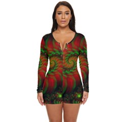 Fractal Green Red Spiral Happiness Vortex Spin Long Sleeve Boyleg Swimsuit by Ravend