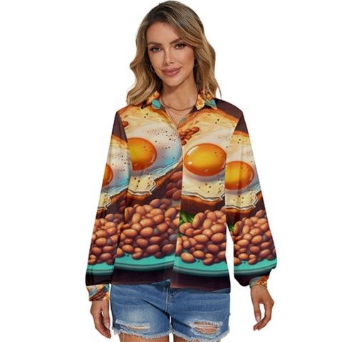 Ai Generated Breakfast Egg Beans Toast Plate Women s Long Sleeve Button Down Shirt by danenraven