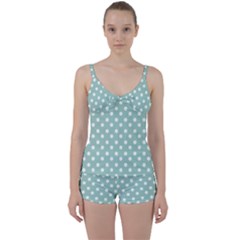 Light Blue And White Polka Dots Tie Front Two Piece Tankini by GardenOfOphir
