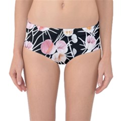 Boho Black Pink Flowers Watercolor Vi Mid-waist Bikini Bottoms by GardenOfOphir