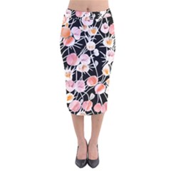 Boho Black Pink Flowers Watercolor Vi Velvet Midi Pencil Skirt