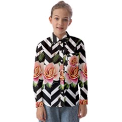 Black Chevron Peach Lilies Kids  Long Sleeve Shirt by GardenOfOphir