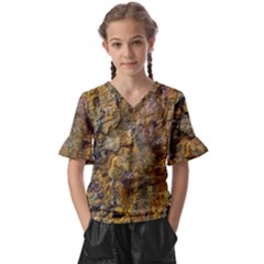 Rusty Orange Abstract Surface Kids  V-neck Horn Sleeve Blouse by dflcprintsclothing