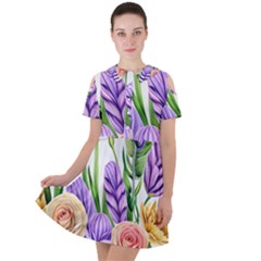 Classy Watercolor Flowers Short Sleeve Shoulder Cut Out Dress  by GardenOfOphir