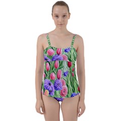 Exquisite Watercolor Flowers Twist Front Tankini Set by GardenOfOphir