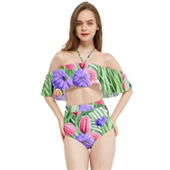 Exquisite Watercolor Flowers Halter Flowy Bikini Set  by GardenOfOphir