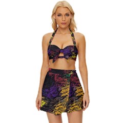 Abstract Painting Colorful Vintage Style Bikini Top And Skirt Set 