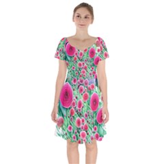 Bounty Of Brilliant Blooming Blossoms Short Sleeve Bardot Dress by GardenOfOphir