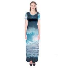 Thunderstorm Storm Tsunami Waves Ocean Sea Short Sleeve Maxi Dress by Ravend
