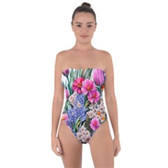 Bountiful Watercolor Flowers Tie Back One Piece Swimsuit by GardenOfOphir