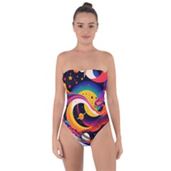Ai Generated Moon Art Design Graphic Shape Tie Back One Piece Swimsuit by Ravend