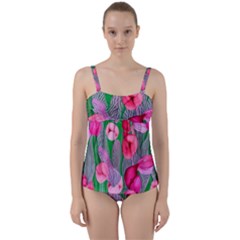 Mysterious And Enchanting Watercolor Flowers Twist Front Tankini Set by GardenOfOphir