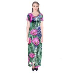 Cherished Watercolor Flowers Short Sleeve Maxi Dress