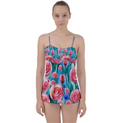 Brilliantly Hued Watercolor Flowers In A Botanical Babydoll Tankini Set by GardenOfOphir