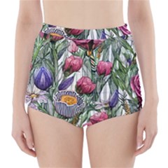Watercolor Tropical Flowers High-waisted Bikini Bottoms by GardenOfOphir