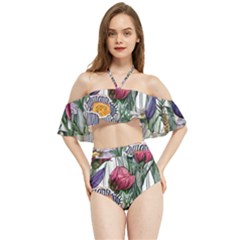 Watercolor Tropical Flowers Halter Flowy Bikini Set  by GardenOfOphir