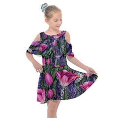 Cheerful Watercolor Flowers Kids  Shoulder Cutout Chiffon Dress by GardenOfOphir