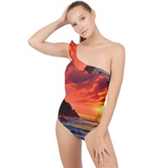 Reflecting Sunset Over Beach Frilly One Shoulder Swimsuit by GardenOfOphir
