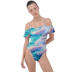 Waves At The Ocean s Edge Frill Detail One Piece Swimsuit by GardenOfOphir