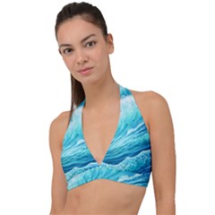 Blue Ocean Wave Watercolor Ii Halter Plunge Bikini Top by GardenOfOphir