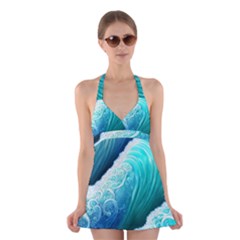 Abstract Waves In Blue And Green Halter Dress Swimsuit  by GardenOfOphir