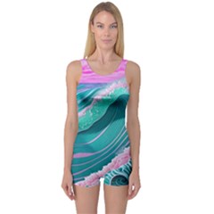 Pink Ocean Waves One Piece Boyleg Swimsuit by GardenOfOphir